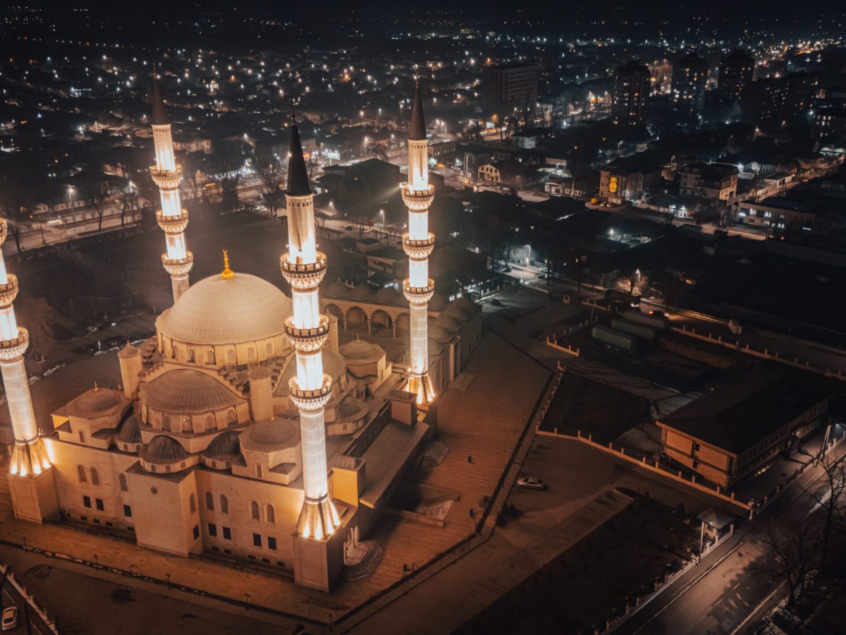Aerial night view of Imam Sarakhsi Mosque in Bishkek